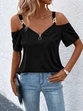 Chain Detail Cold Shoulder O-ring Zipper Front Blouse